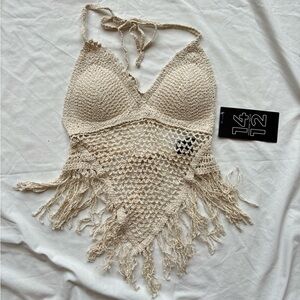 new with tags macy’s festival bohemian cream white crochet knit open back top